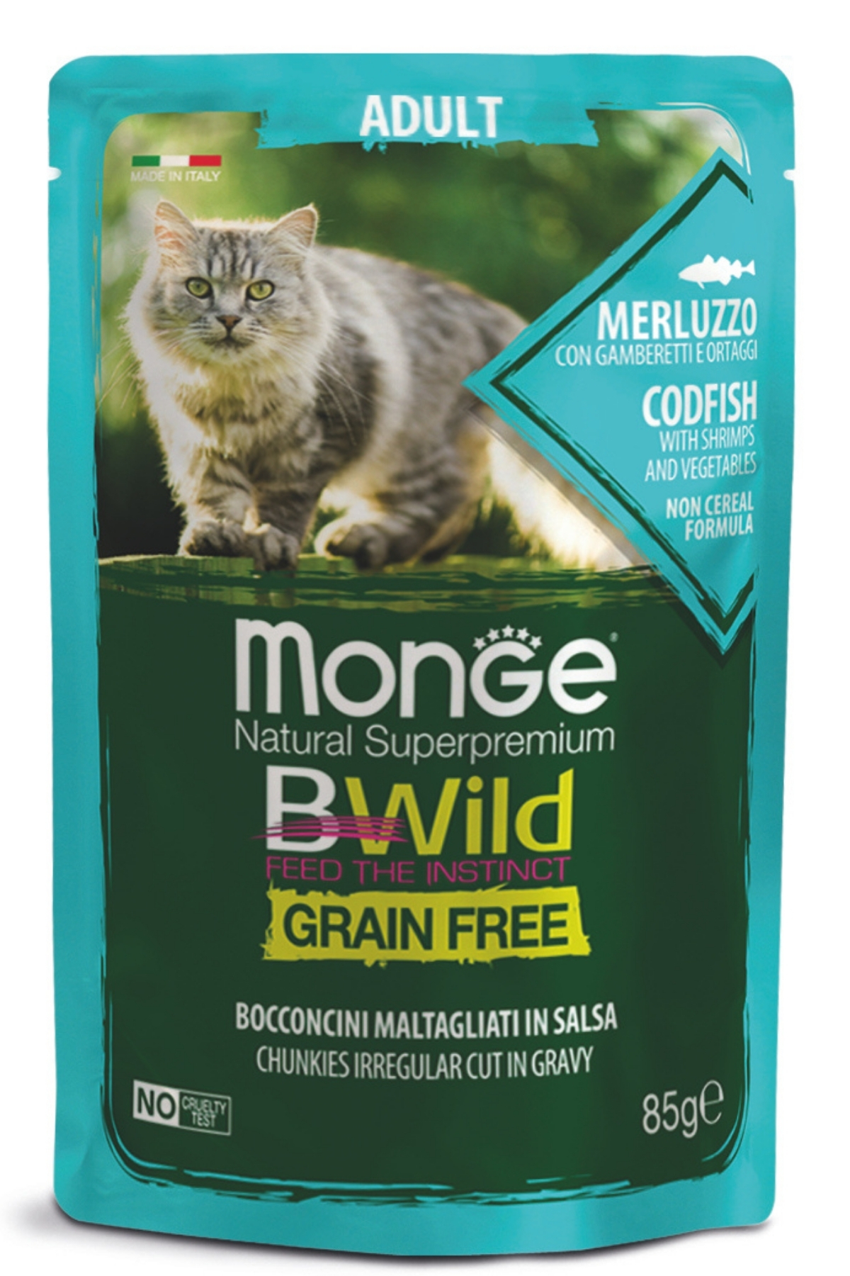 Monge Bwild Tahılsız Morina Balıklı Karidesli Sebzeli Yetişkin Yaş Kedi Maması 85 Gr