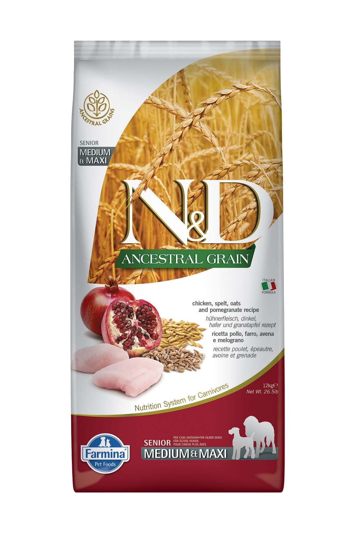 N&D Az Tahıllı Senior Tavuk & Nar Adult Med&Maxi Köpek Maması - 12 Kg