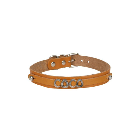 Cattie İsimlikli Deri Kedi Tasması 1.5x28-32cm (Kamel)